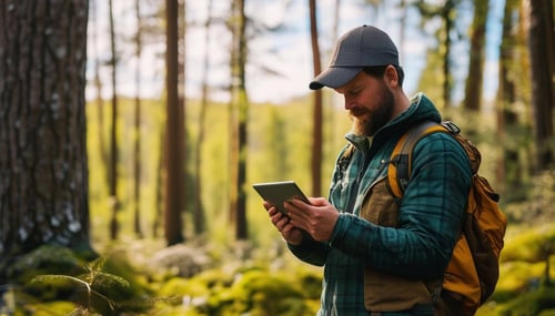 a landscape shot of a forester in a forest using a tablet